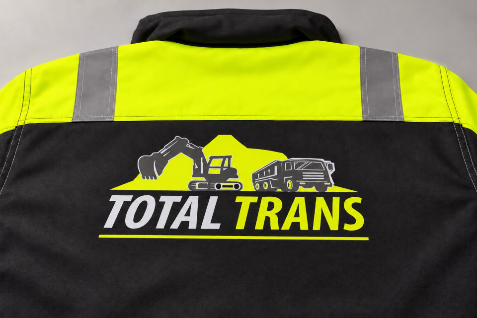 Plecy czarno-żółtej kurtki roboczej z logo TOTAL TRANS